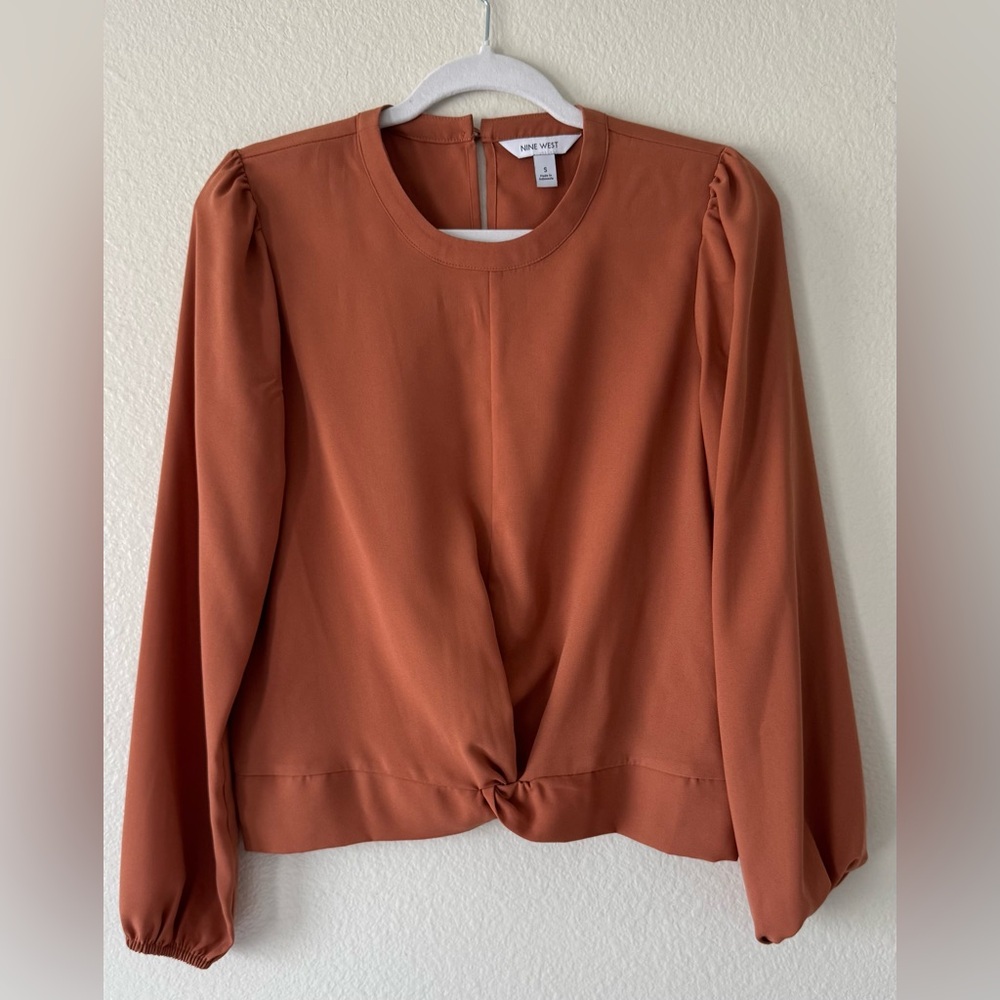 Nine West Rust Orange Long Sleeve Semi Sheer Tie Front Blouse